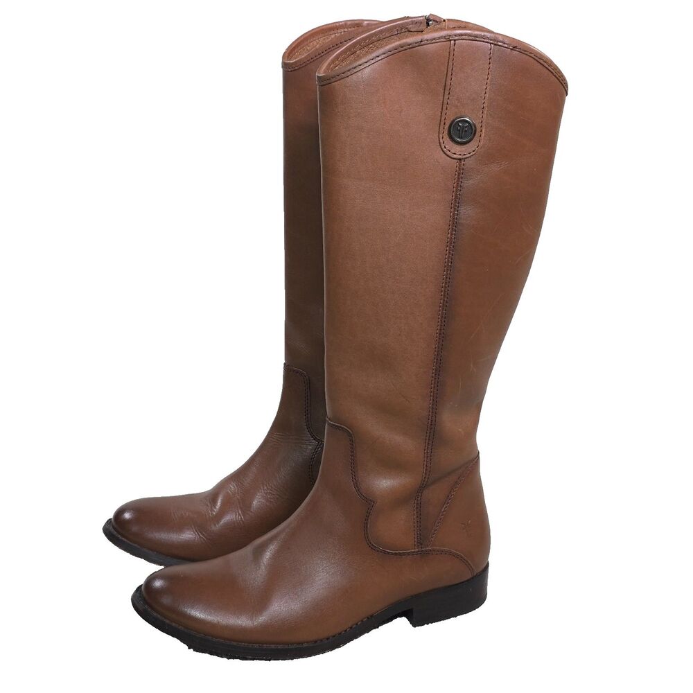 Frye Marissa Medallion Cognac Brown Leather Riding Boot Tall Zip US Size 5.5M